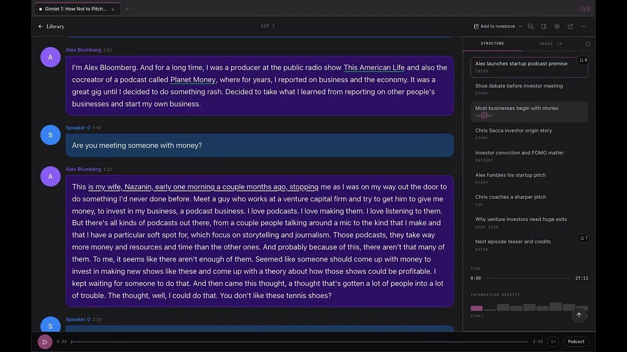 Podcast transcript with speaker labels, timestamps, and a selected section for closer reading