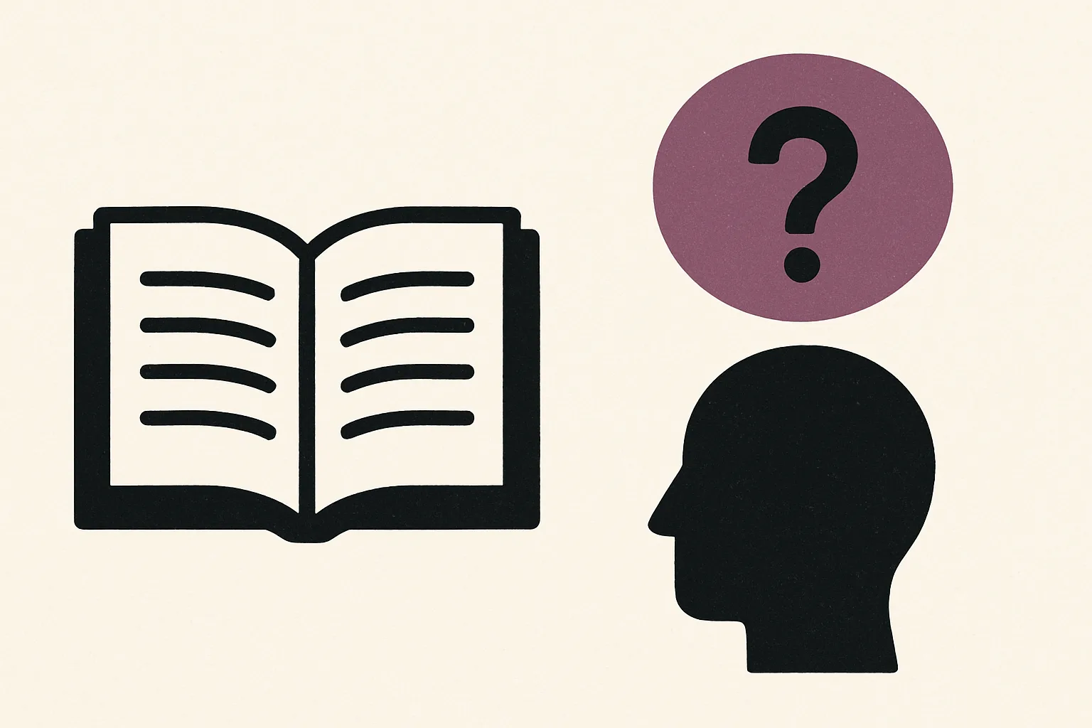 An open book beside a reader's head with a question mark above it