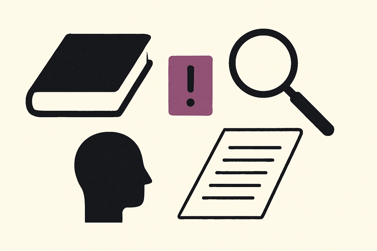 A book, a page and a magnifying glass around a reader, with an exclamation mark flagging a problem