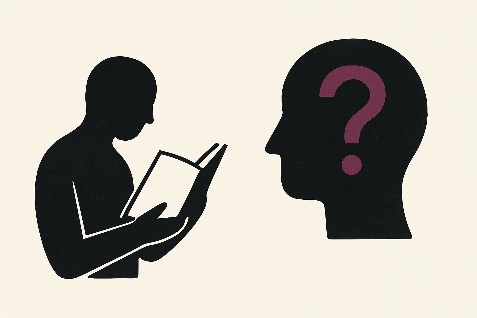 A person reading a book next to a head with a question mark inside it