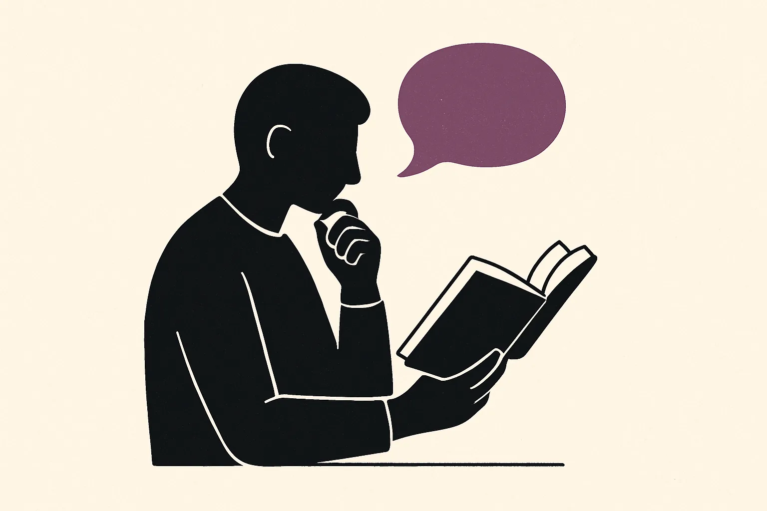 A reader thinking over an open book with a speech bubble beside them