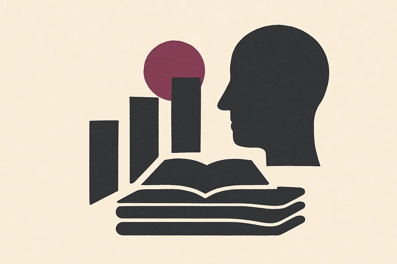A head in profile facing an open book on a stack of pages, with three bars rising behind it