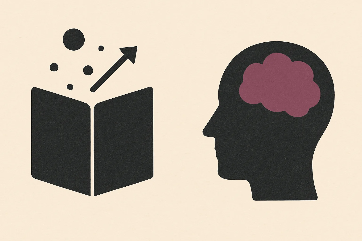 Dots and an arrow drifting up and away from an open book, beside a head in profile with a plum brain