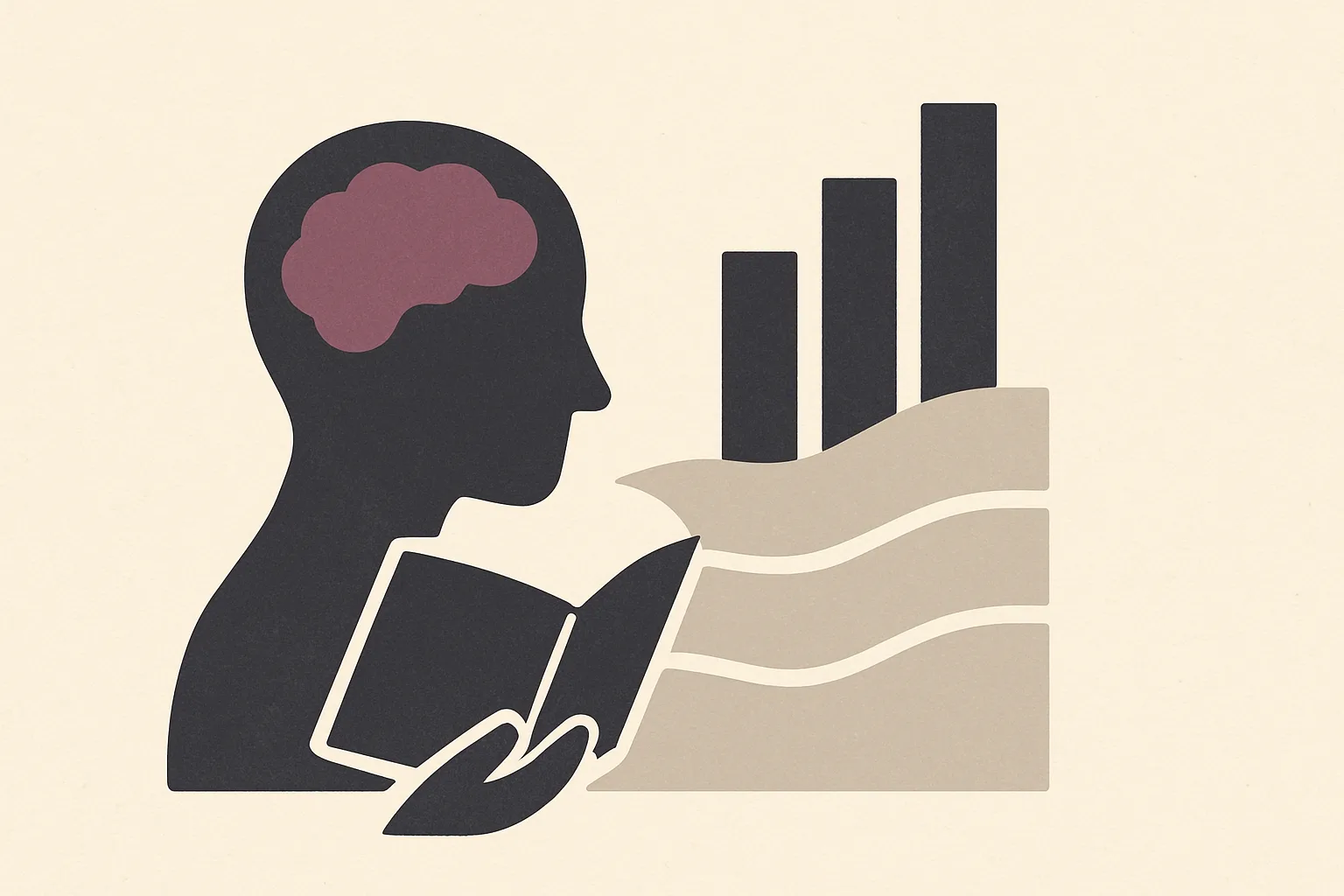 A reader holding an open book, beside layered bands and rising bars that suggest a text's structure