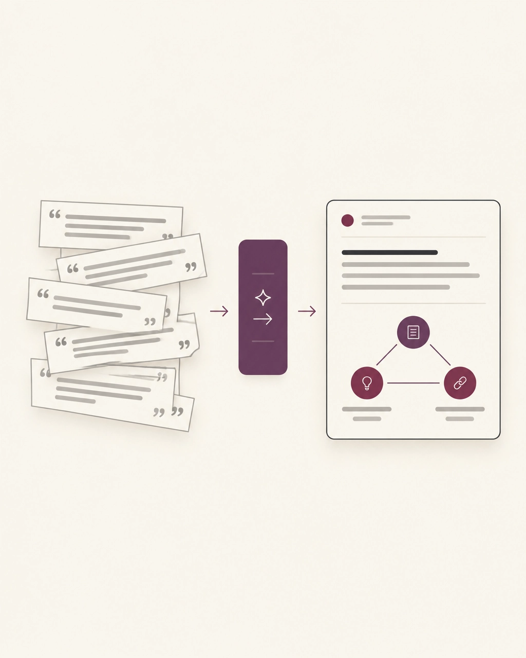Minimalist vector illustration contrasting a pile of copied quote strips with one structured, reusable knowledge card