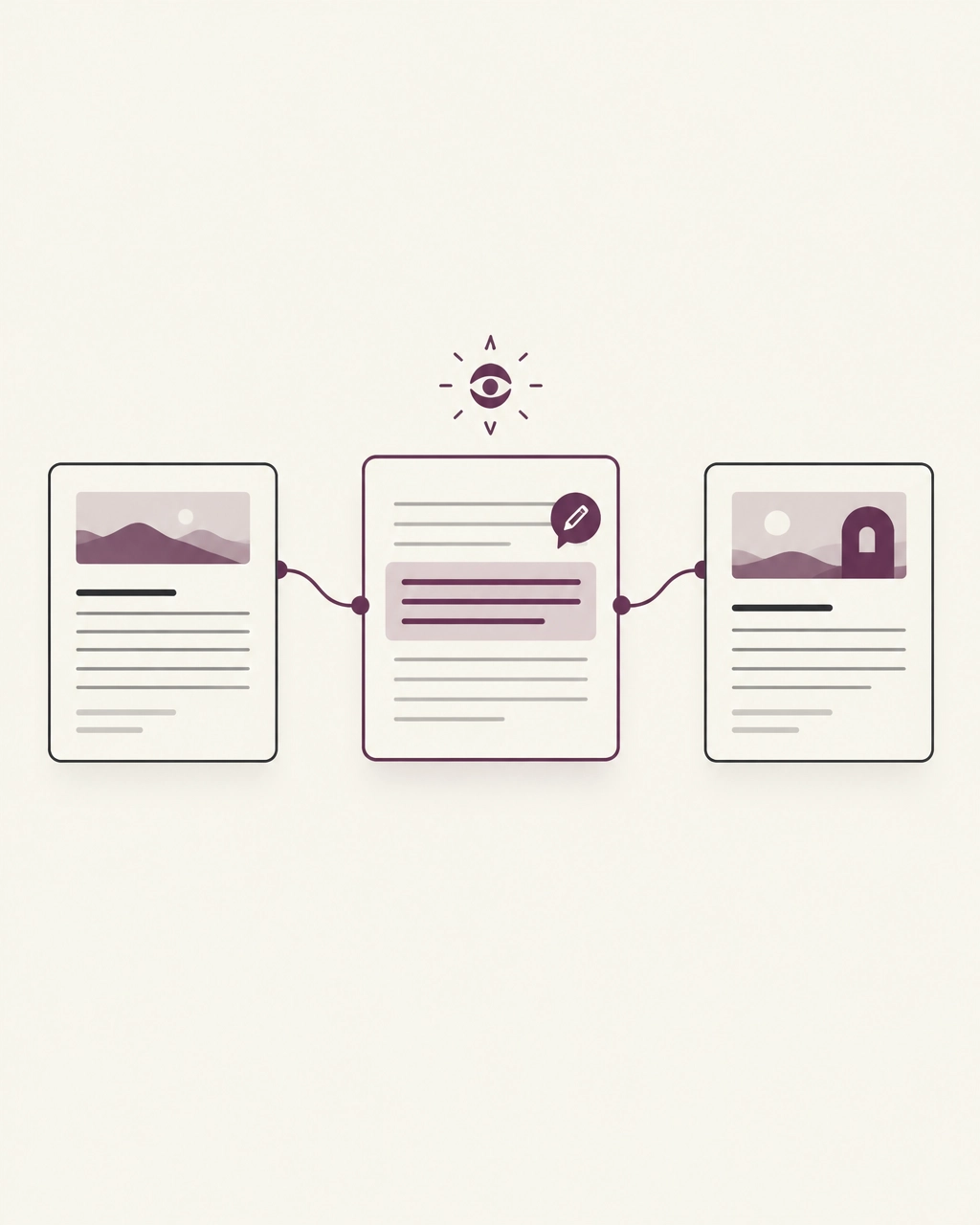 Minimalist illustration showing a marked passage connecting a source to related material