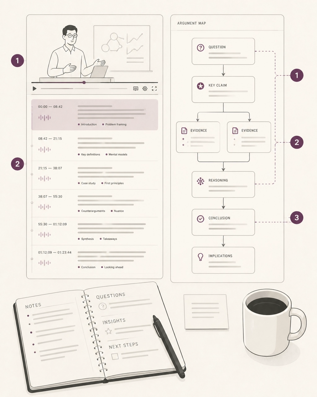A calm study interface connecting a lecture’s question, evidence, explanation, and conclusion