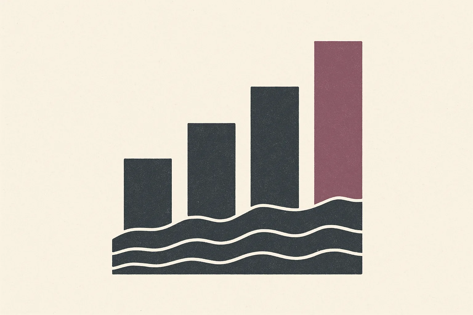 Bar chart with rising bars, the tallest highlighted, sitting on wavy lines