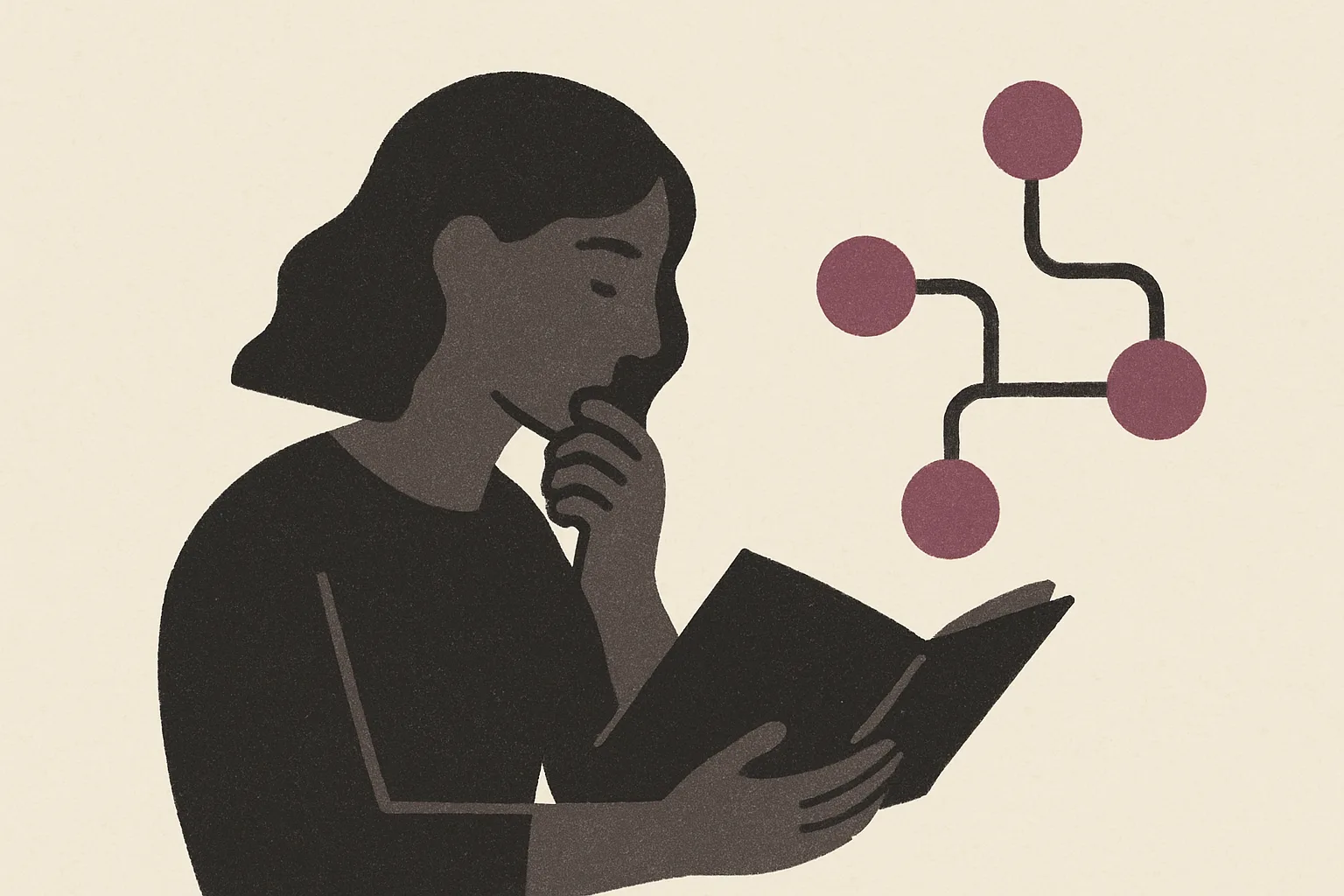 A person reading a book, with linked nodes beside them