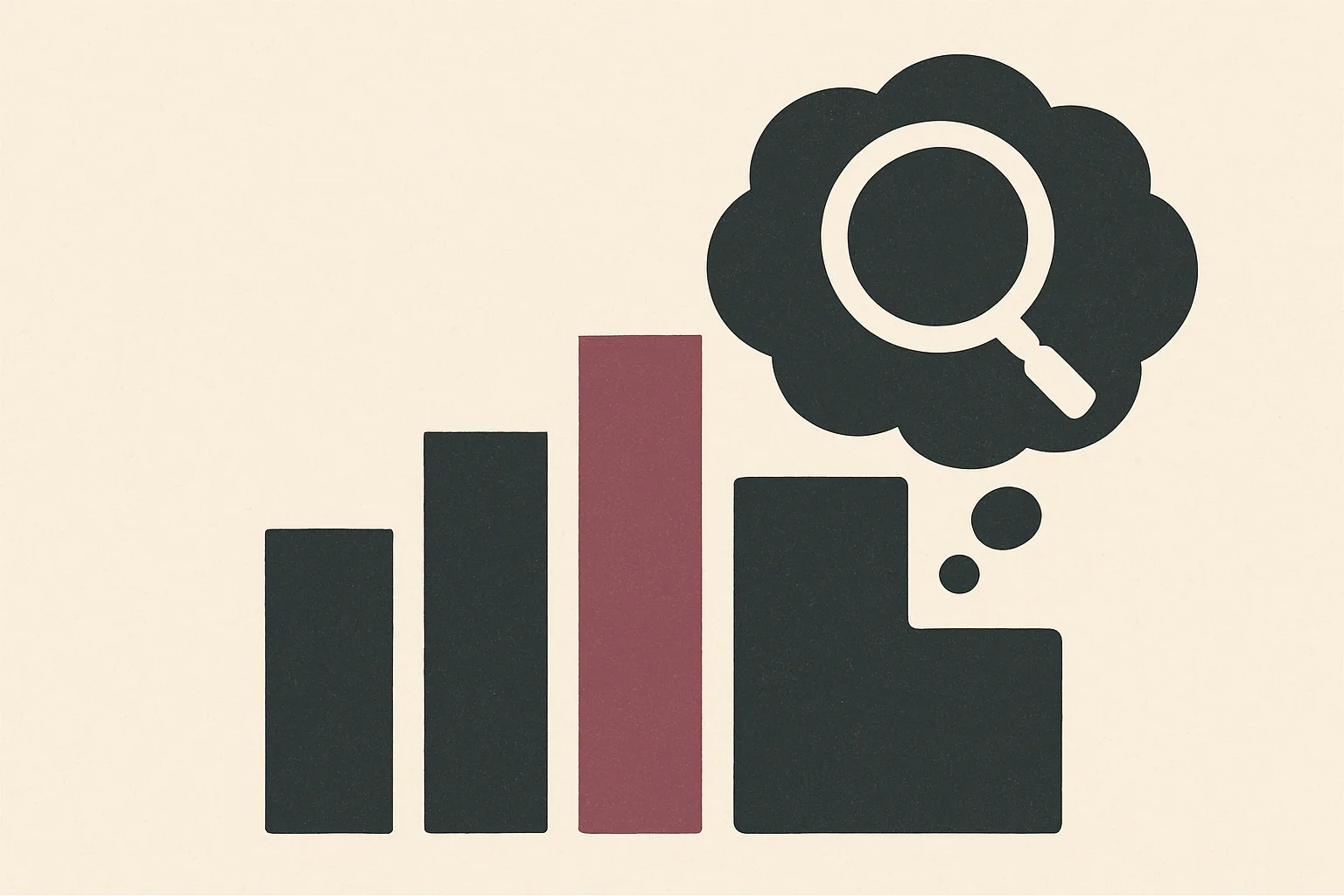 Bar chart beside a thought cloud holding a magnifying glass
