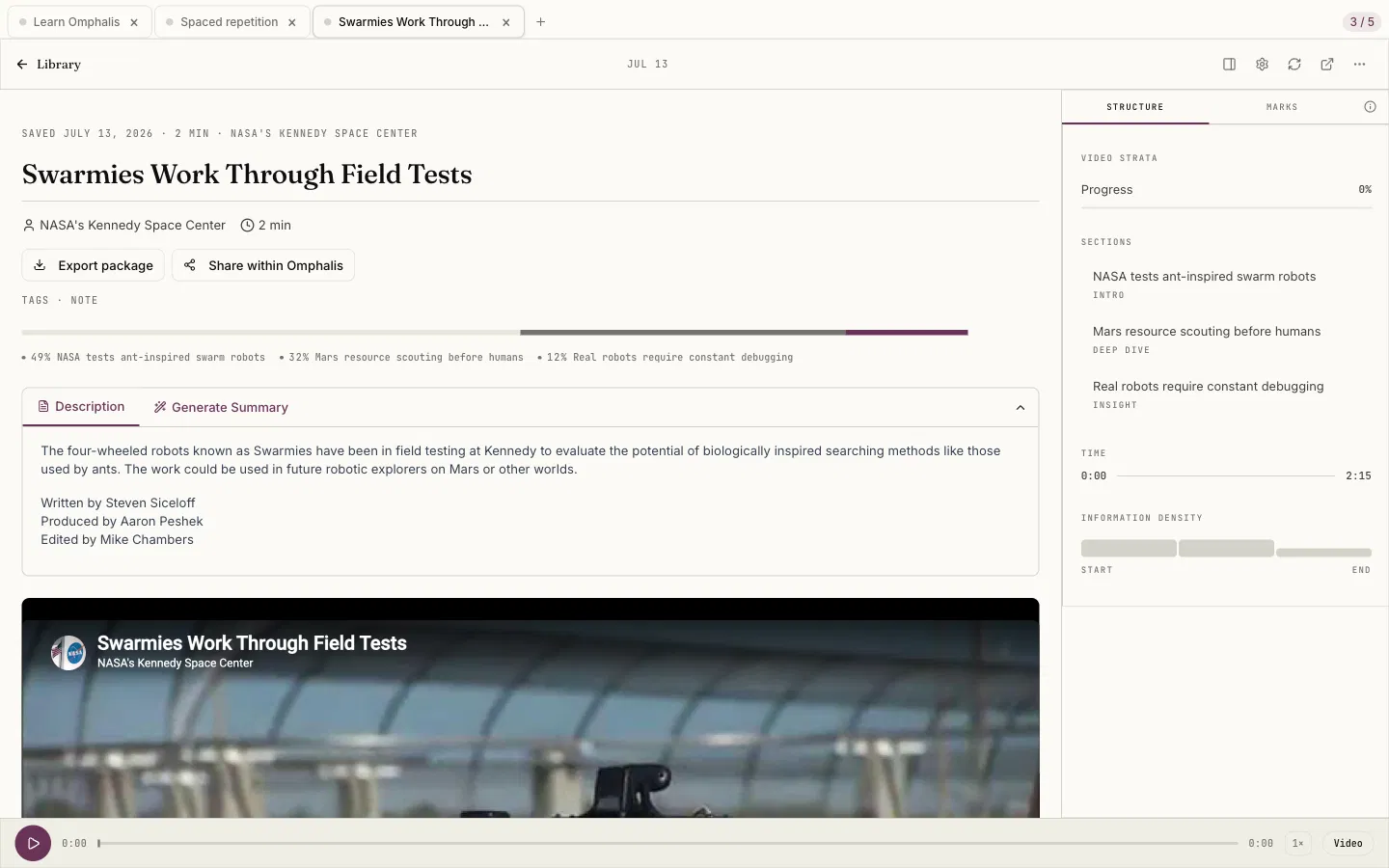 Omphalis structured reading interface showing sections and information density