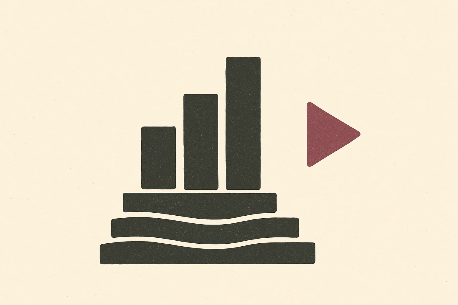 A stack of bars rising from layered foundations, with a play button beside them