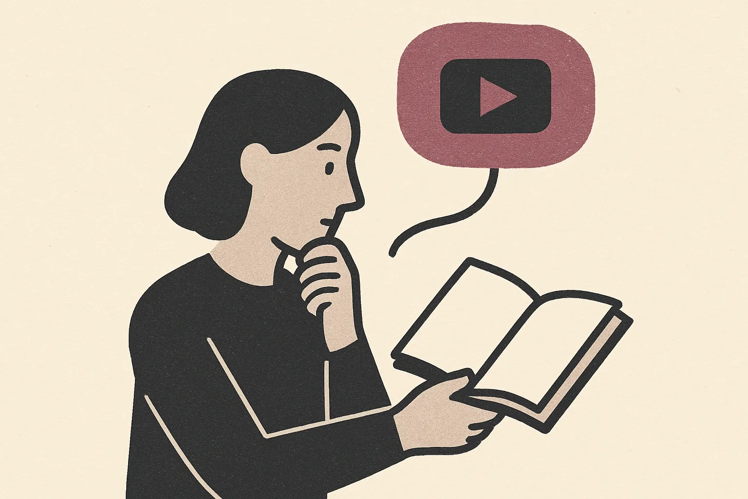 A person holding an open book, thinking, with a video play icon in a speech bubble above