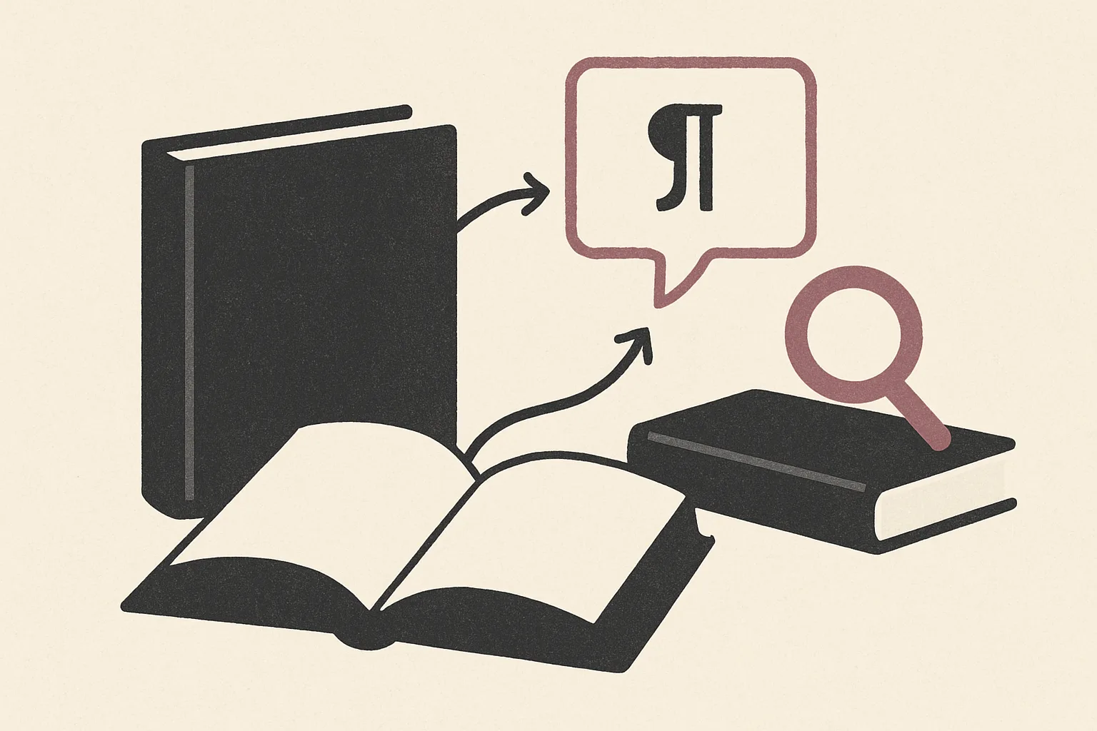 Two books with arrows pointing to a speech bubble with a paragraph mark, and a magnifying glass on a third book