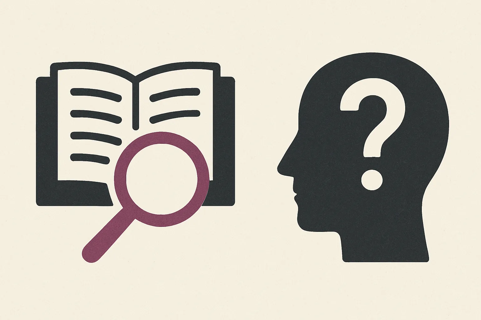 An open book under a magnifying glass beside the silhouette of a head with a question mark
