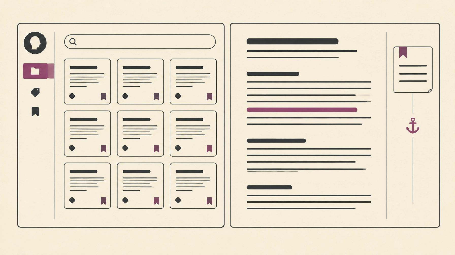 A structured archive beside a source document, with one passage visibly marked and linked to a personal note