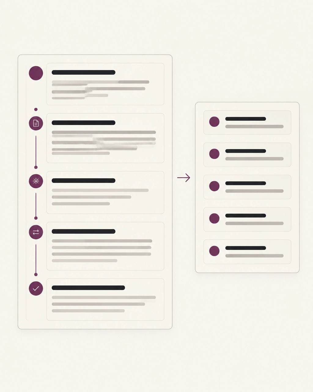 Vector illustration contrasting a structured document with a flattened summary card