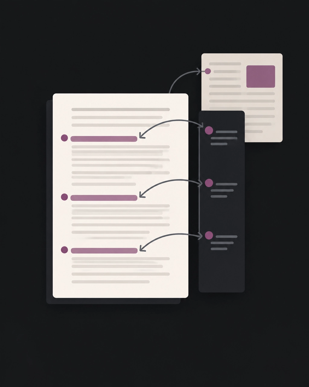 Editorial vector illustration showing a reader returning from saved marks to important passages