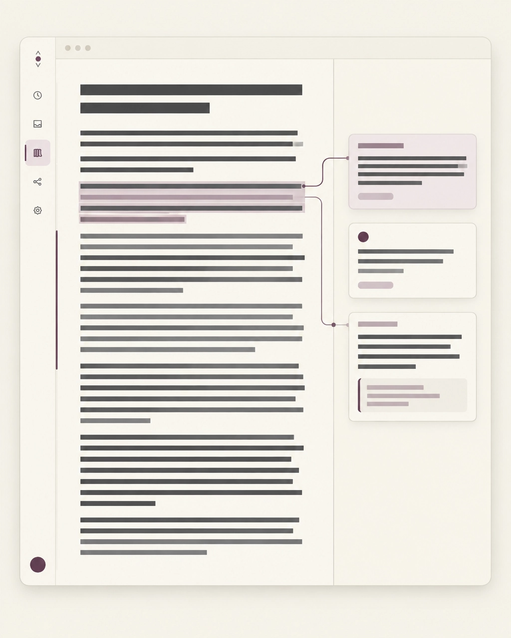 A quiet digital reading interface where selected passages connect to reader-owned notes