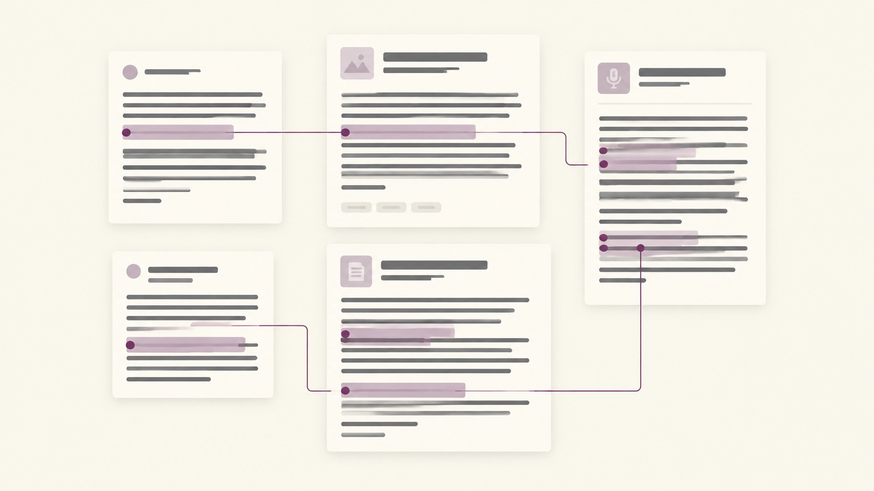 Reader-selected annotations forming quiet connections across articles and transcripts