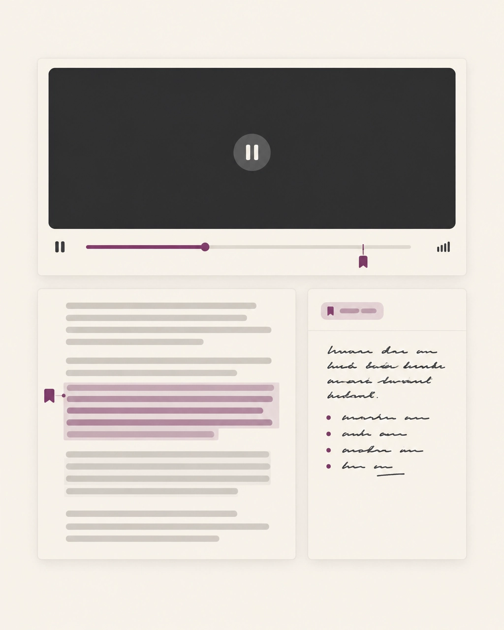 A transcript passage with a timestamp, a short annotation and a note about what to check next