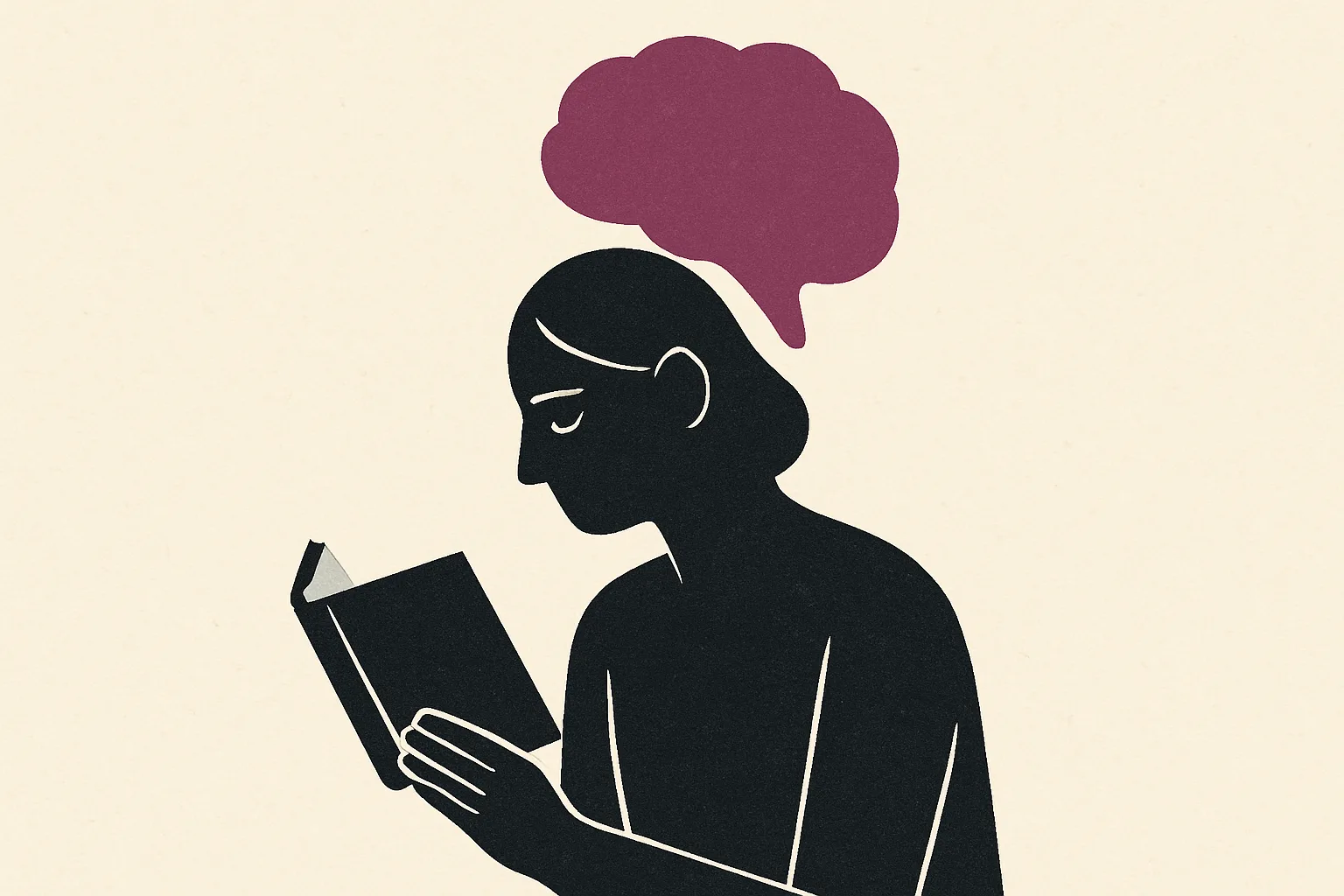 A person reading a book, with a brain-shaped thought bubble above their head