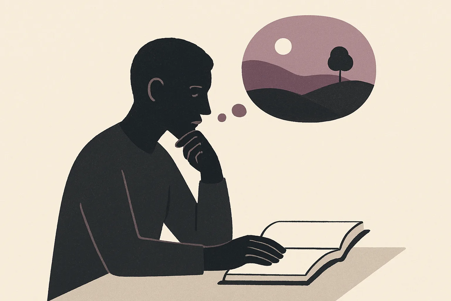 A person reading at a desk, chin in hand, with a thought bubble showing a distant landscape
