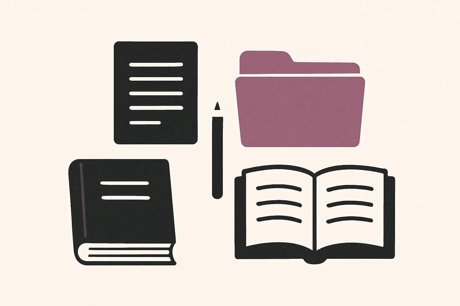 A document, a closed book, a folder and an open book, showing finished reading filed for later