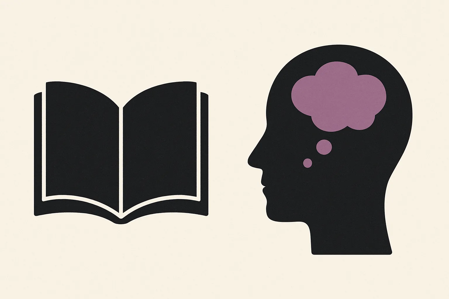 An open book beside a profile with a thought cloud, showing a second reading turning into understanding