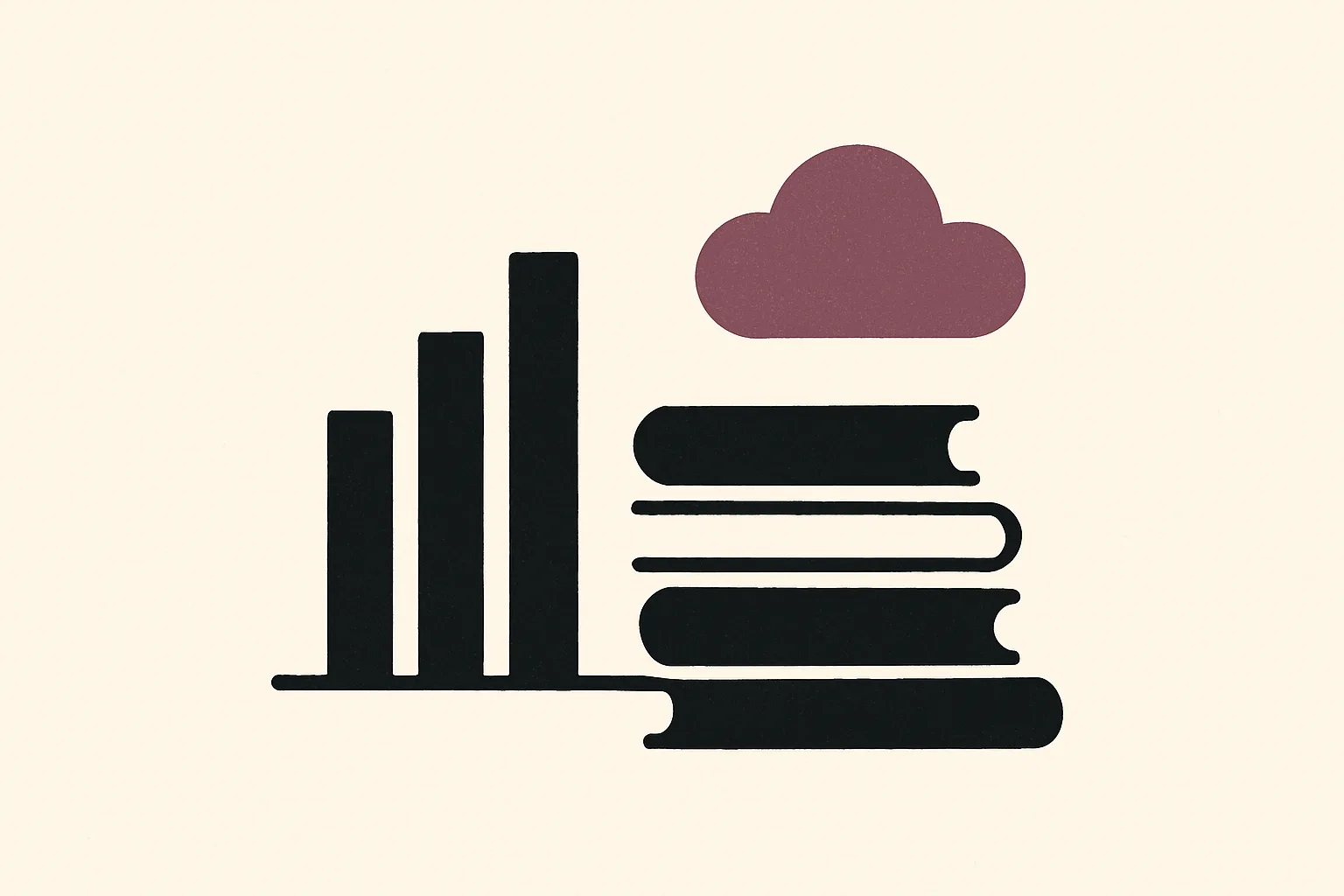 A rising bar chart beside a stack of books, showing a reading list kept in check over time