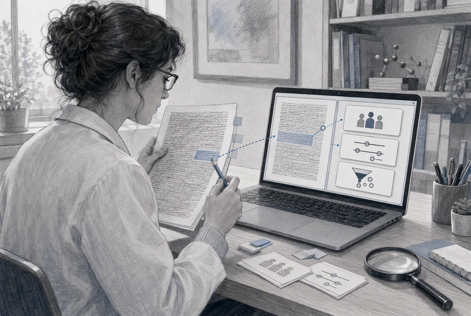 Two researchers comparing PDF annotations beside flashcards
