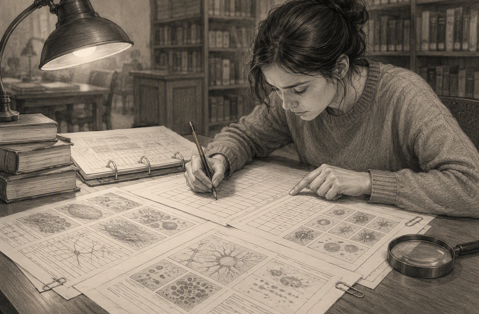 Graduate student tracing flowchart across printed tables