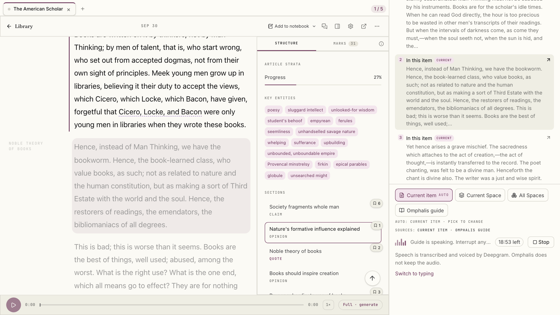 Emerson’s “The American Scholar” scrolled to a highlighted passage beginning “Hence, instead of Man Thinking, we have the bookworm”, with source 2 selected in the Ask panel beside it