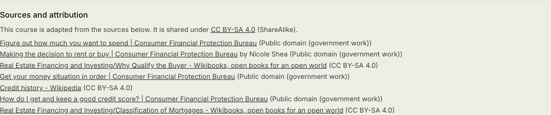 The sources and attribution block of a course, crediting each source with its licence
