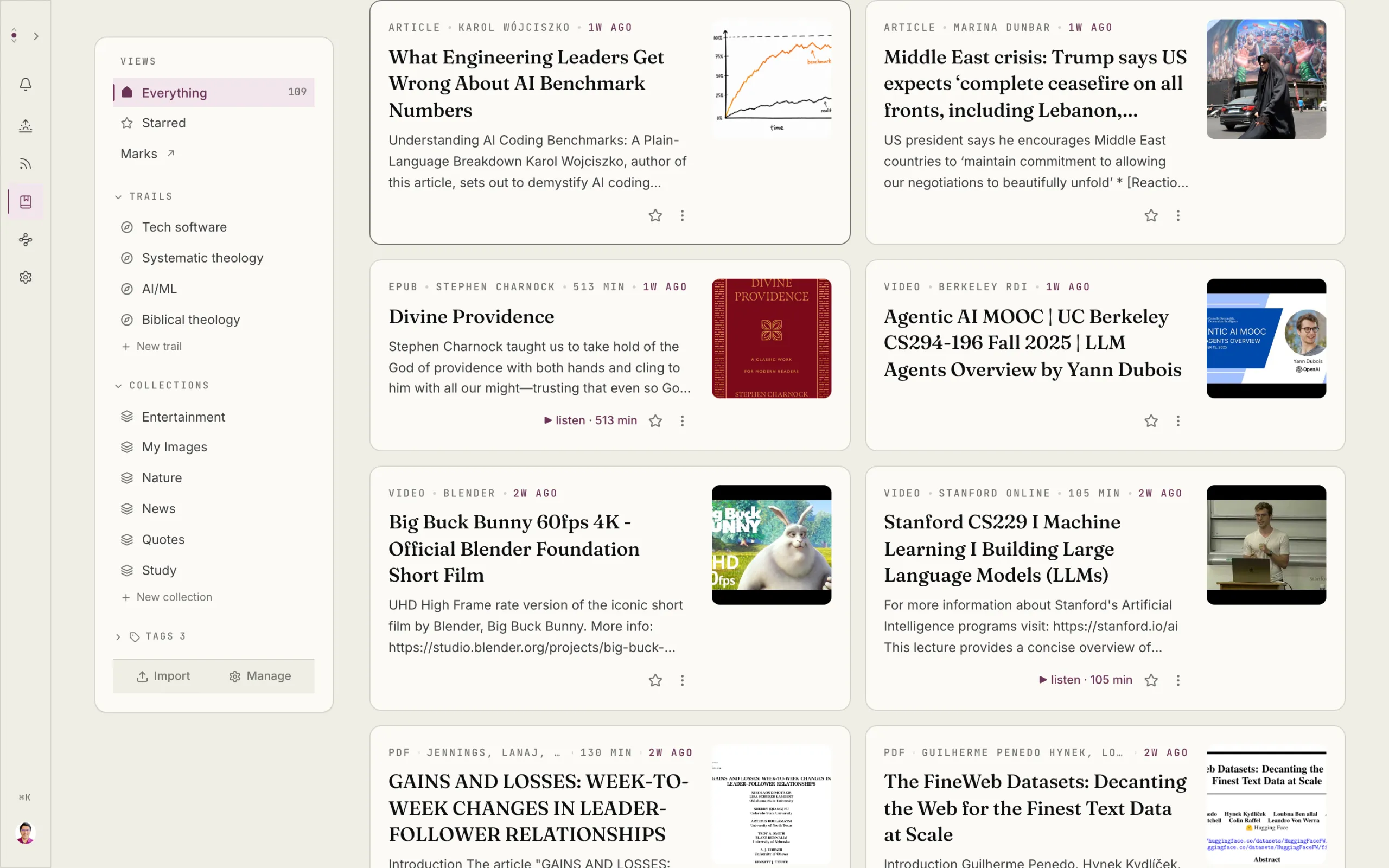 The Omphalis library: articles, papers, podcasts, and videos in one grid