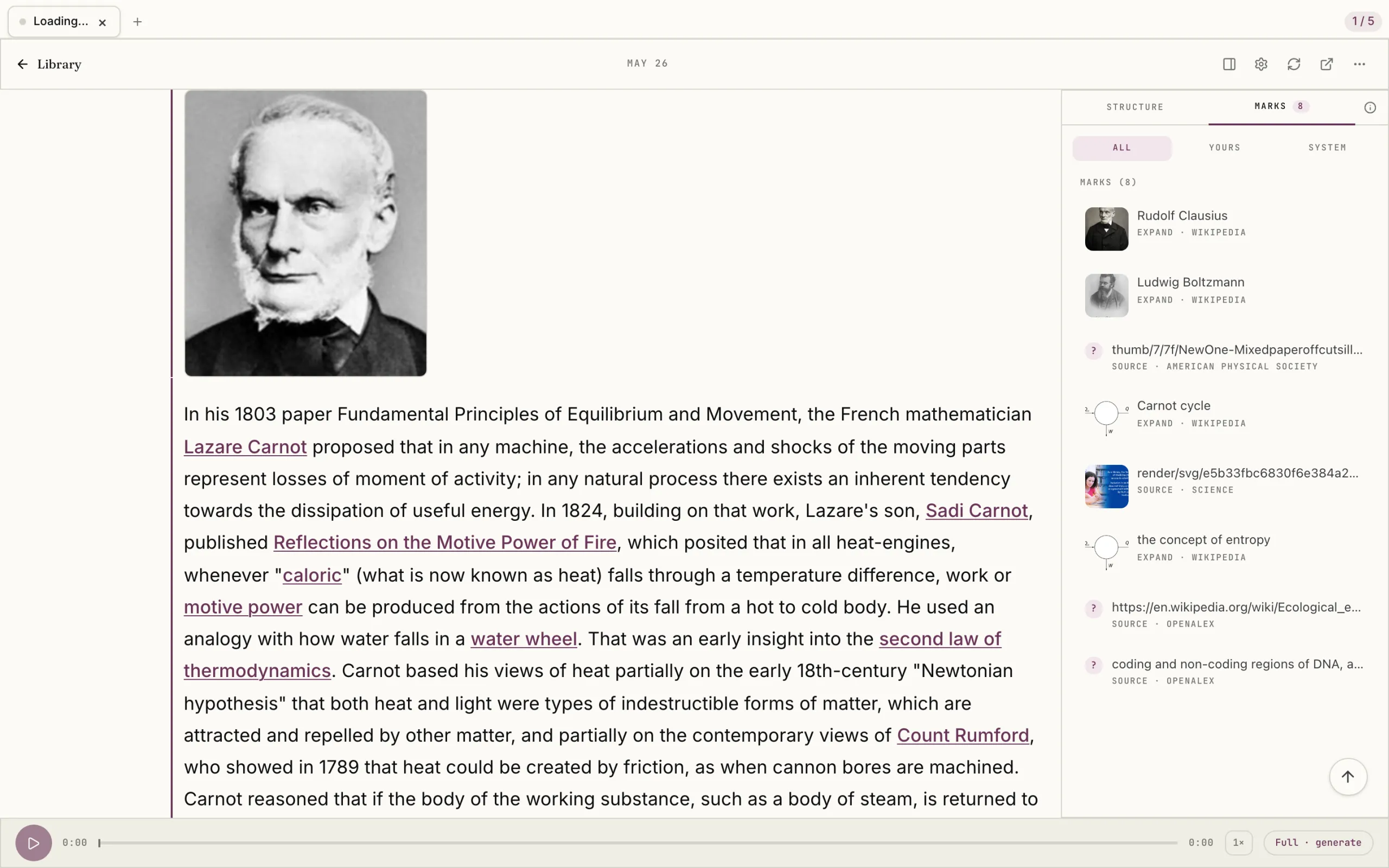 Omphalis reading a saved article, with an annotation opened and the structure in the side rail