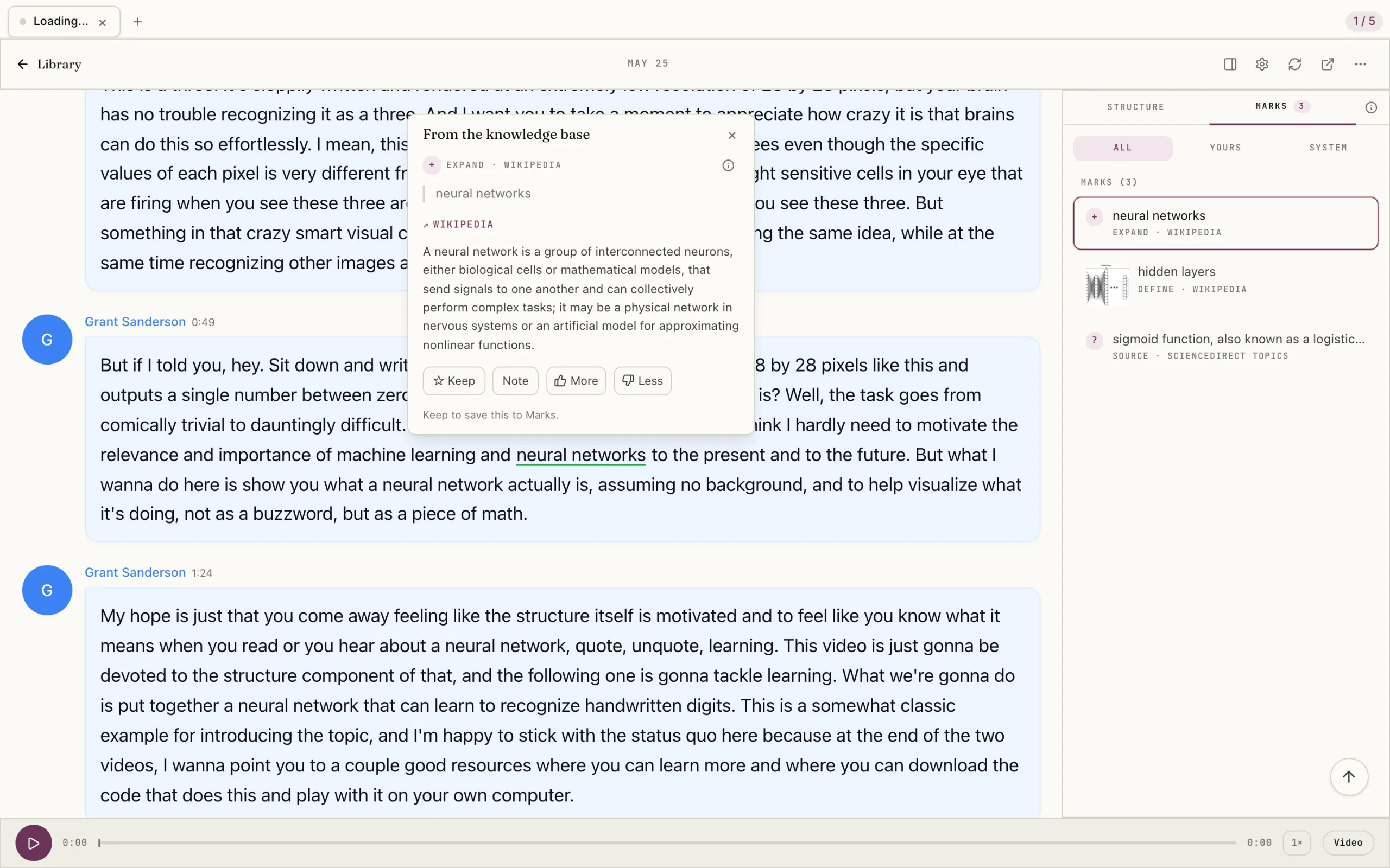 A timestamped transcript of a YouTube talk with an explanation opened beside a difficult term