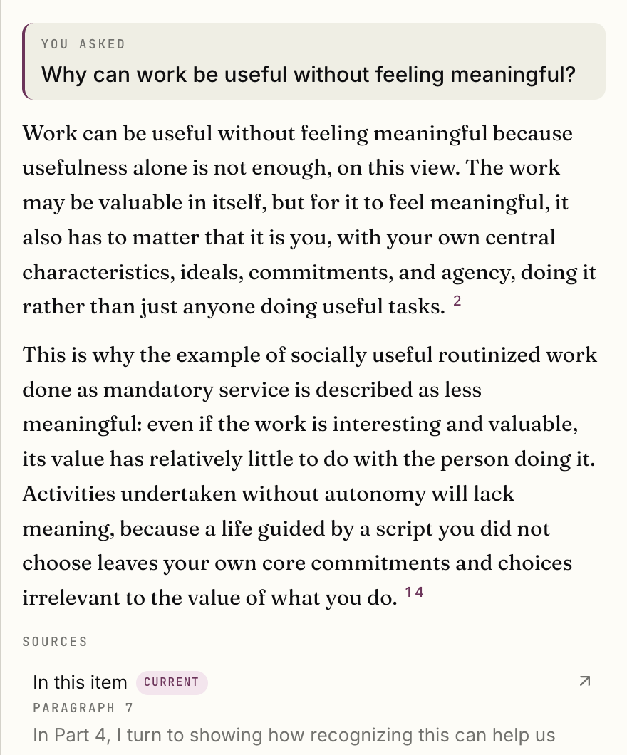 The question Why can work be useful without feeling meaningful, its answer with numbered citations, and the beginning of the source passage list
