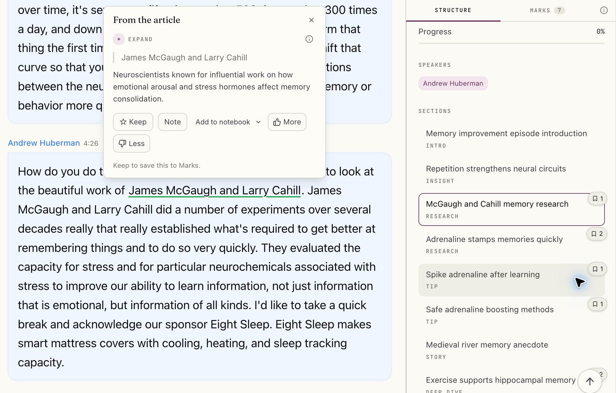 Podcast transcript with timestamps, speaker labels, an open explanation, and saved marks