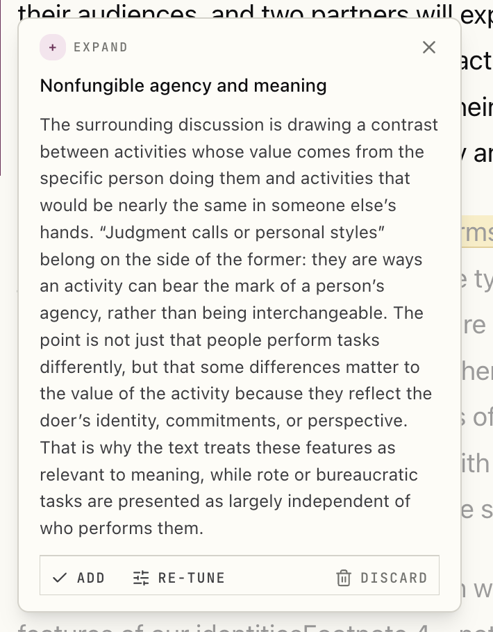A deeper explanation of judgment calls or personal styles, with Add, Re-tune, and Discard controls