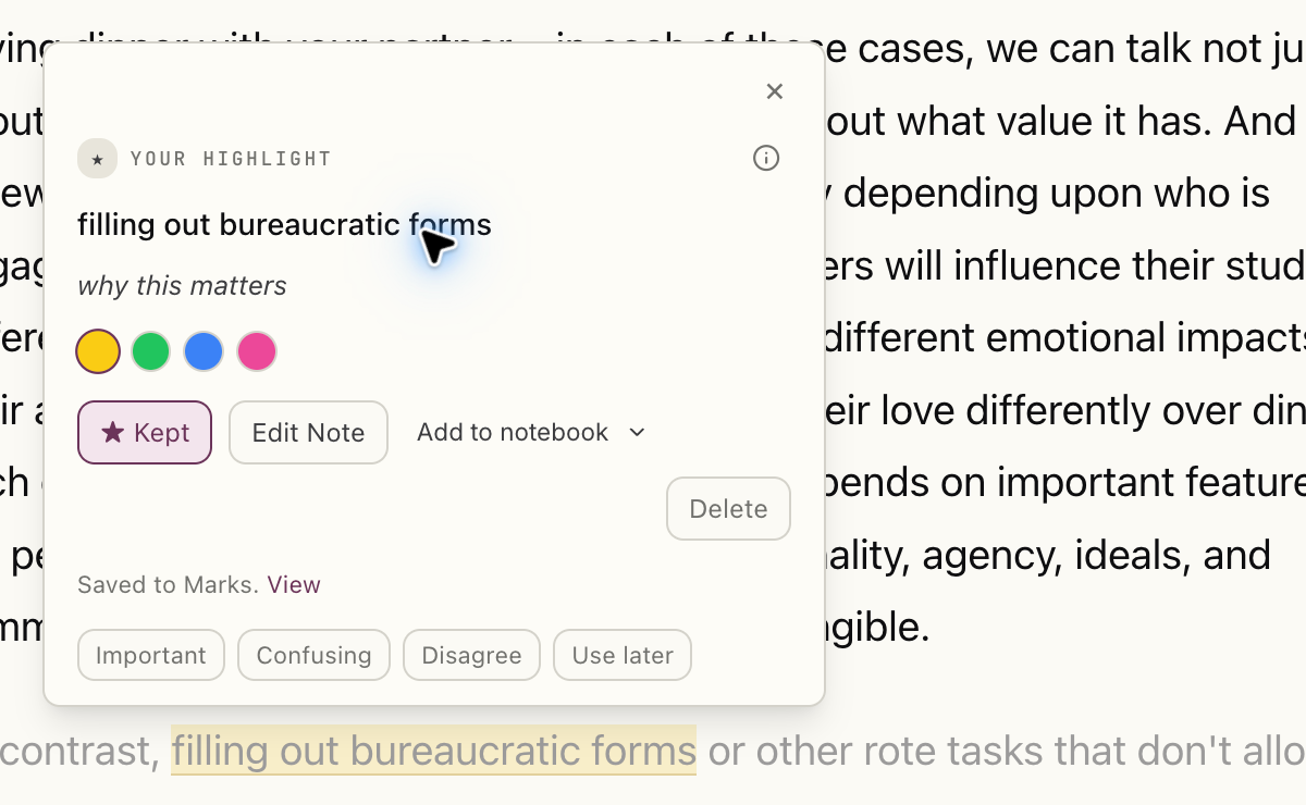 The existing demonstration note on filling out bureaucratic forms, with Edit Note, Add to notebook, and Saved to Marks controls