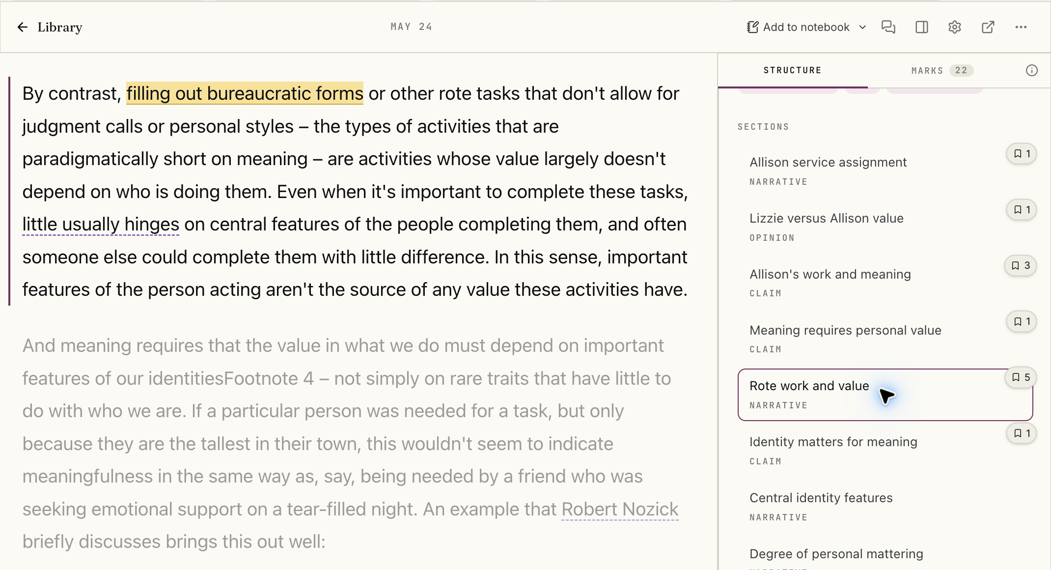 The article’s passage about routine work, with Rote work and value selected in the section list beside it