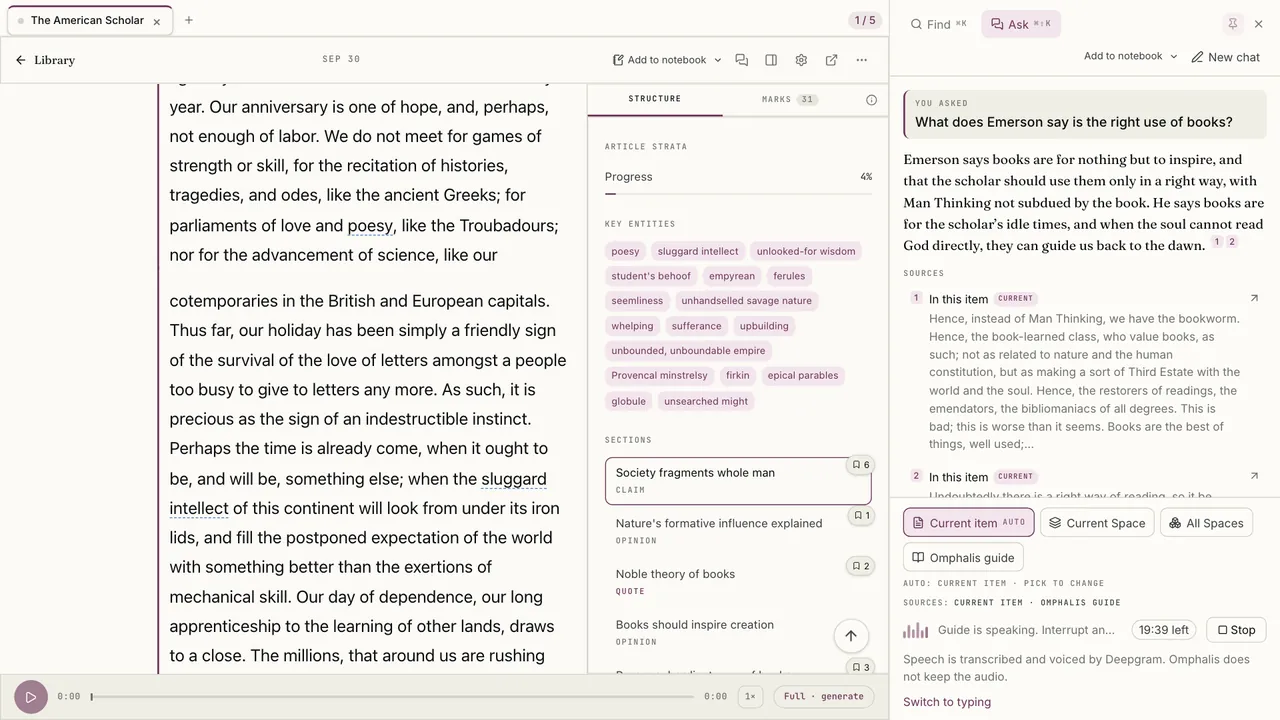 The Omphalis reader with the Ask panel beside it, an answer citing two sources, and a voice strip reading “Guide is speaking”