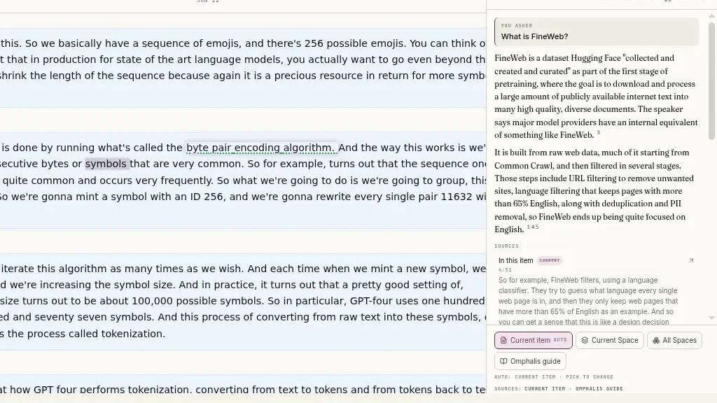 A video transcript in Omphalis with an answer to “What is FineWeb?” and a cited source passage alongside it
